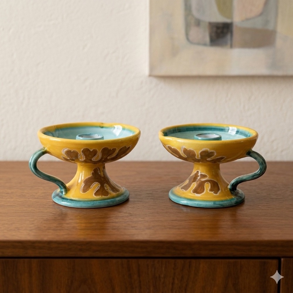 Vintage Italian Majolica Chamberstick Candle‎ Holders Pair Yellow Blue Pottery
